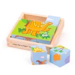 Puzzle cubic din lemn cu dinozauri, 9 cuburi, 6 imagini