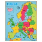Puzzle incastru din lemn cu harta Europei, educativ pentru copii 3+
