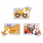 Set 3 puzzle-uri din lemn cu vehicule de constructii pentru copii 2+