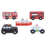 Set 5 vehicule din lemn BigJigs pentru joc de rol, copii 3+ ani