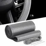 Husa volan din PIELE GRI + ATA GRI, diametru 37 - 39 cm (se coase, aspect ORIGINAL) FAVLine Selection