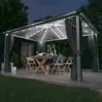 Pavilion cu perdele & șiruri lumini LED antracit 4x3m aluminiu GartenMobel Dekor