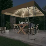 Pavilion cu șiruri de lumini LED, gri taupe, 3x3 m, țesătură GartenMobel Dekor