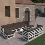 Set mobilier grădină cu perne, 11 piese, alb, lemn masiv pin GartenMobel Dekor