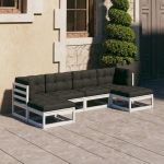 Set mobilier grădină cu perne, 6 piese, alb, lemn masiv de pin GartenMobel Dekor