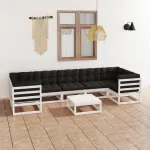 Set mobilier grădină cu perne, 8 piese, alb, lemn masiv de pin GartenMobel Dekor