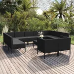 Set mobilier de grădină cu perne, 12 piese, negru, poliratan GartenMobel Dekor