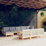 Set mobilier grădină cu perne gri, 11 piese, lemn de pin GartenMobel Dekor
