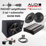 Pachet audio auto 2 uși cu amplificator Carbon 200.4, subwoofer și cablaje plug&play