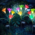 Set 2 buc Lampa Solara LED tip Floare Crin Imperial Alb/Violet pentru Gradina, RGB Multicolor, Lumina in Culori Alternante, Inaltime 75cm