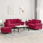 Set canapele cu perne, 3 piese, roșu vin, catifea GartenMobel Dekor