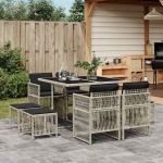 Set mobilier grădină cu perne, 9 piese, gri deschis, poliratan GartenMobel Dekor