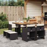 Set mobilier de grădină cu perne, 9 piese, negru, poliratan GartenMobel Dekor