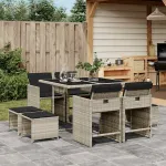Set mobilier grădină cu perne, 9 piese, gri deschis, poliratan GartenMobel Dekor
