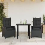 Set mobilier de grădină cu perne, 3 piese, negru, poliratan GartenMobel Dekor