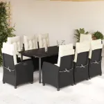 Set mobilier de grădină cu perne, 9 piese, negru, poliratan GartenMobel Dekor