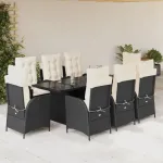 Set mobilier de grădină cu perne, 9 piese, negru, poliratan GartenMobel Dekor