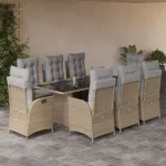 Set de masă pentru grădină, 9 piese, cu perne, bej, poliratan GartenMobel Dekor