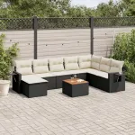 Set mobilier de grădină cu perne, 9 piese, negru, poliratan GartenMobel Dekor