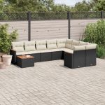 Set canapele de grădină cu perne, 10 piese, negru, poliratan GartenMobel Dekor