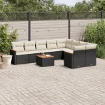 Set canapele de grădină cu perne, 10 piese, negru, poliratan GartenMobel Dekor