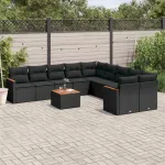 Set canapele de grădină cu perne, 11 piese, negru, poliratan GartenMobel Dekor