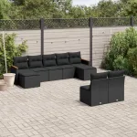 Set mobilier de grădină cu perne, 9 piese, negru, poliratan GartenMobel Dekor
