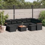 Set canapele de grădină cu perne, 10 piese, negru, poliratan GartenMobel Dekor