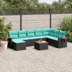 Set mobilier de grădină cu perne, 9 piese, negru, poliratan GartenMobel Dekor