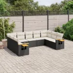 Set mobilier de grădină cu perne, 9 piese, negru, poliratan GartenMobel Dekor