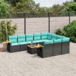 Set canapele de grădină cu perne, 11 piese, negru, poliratan GartenMobel Dekor