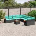Set canapele de grădină cu perne, 11 piese, negru, poliratan GartenMobel Dekor