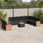 Set canapele de grădină cu perne, 11 piese, negru, poliratan GartenMobel Dekor