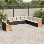 Set canapele de grădină cu perne, 11 piese, negru, poliratan GartenMobel Dekor