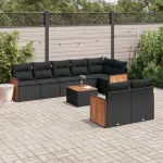 Set mobilier de grădină cu perne, 9 piese, negru, poliratan GartenMobel Dekor