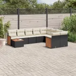 Set canapele de grădină cu perne, 10 piese, negru, poliratan GartenMobel Dekor