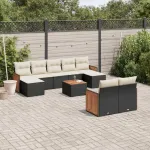 Set canapele de grădină cu perne, 10 piese, negru, poliratan GartenMobel Dekor