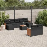 Set canapele de grădină cu perne, 10 piese, negru, poliratan GartenMobel Dekor