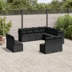 Set canapele de grădină cu perne, 11 piese, negru, poliratan GartenMobel Dekor