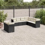 Set mobilier de grădină cu perne, 9 piese, negru, poliratan GartenMobel Dekor