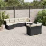 Set mobilier de grădină cu perne, 9 piese, negru, poliratan GartenMobel Dekor