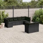 Set mobilier de grădină cu perne, 9 piese, negru, poliratan GartenMobel Dekor