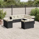 Set canapele de grădină cu perne, 11 piese, negru, poliratan GartenMobel Dekor