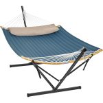 SONGMICS Hamac cu suport metalic, cu suprafata captusita, reglabil, include perna, 200 kg, 300x120x110 cm, albastru Household NewTrend