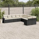Set canapele de grădină cu perne, 10 piese, negru, poliratan GartenMobel Dekor