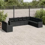 Set canapele de grădină cu perne, 10 piese, negru, poliratan GartenMobel Dekor