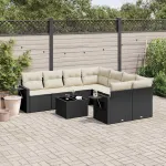 Set mobilier de grădină cu perne, 9 piese, negru, poliratan GartenMobel Dekor