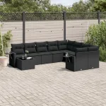 Set canapele de grădină cu perne, 10 piese, negru, poliratan GartenMobel Dekor
