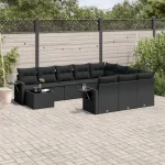 Set canapele de grădină cu perne, 11 piese, negru, poliratan GartenMobel Dekor