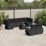 Set canapele de grădină cu perne, 10 piese, negru, poliratan GartenMobel Dekor